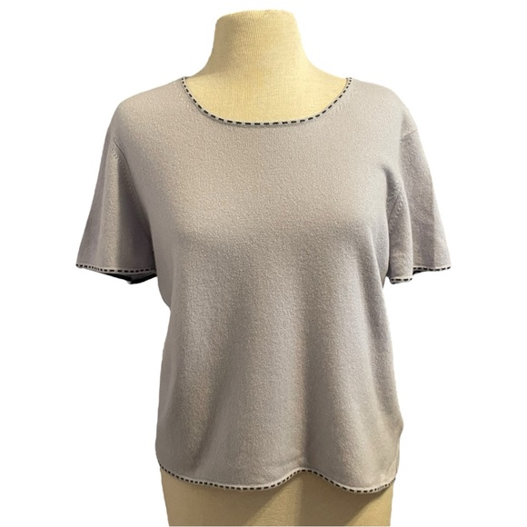 Saks Fifth Avenue Light Blue Gray Trim 100% Cashmere Sweater Crew Neck XL - Picture 1 of 7